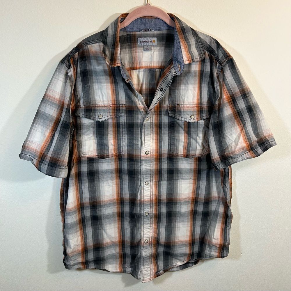 ✨ Carhartt Men’s Gray Orange Plaid Snap Shirt Large
